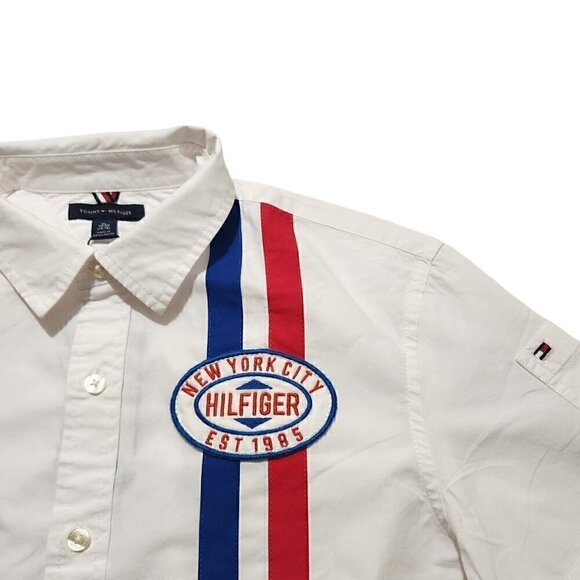 Tommy Hilfiger Boys Racing Shirt Botton Down Short Sleeve Logo‎ Patch XL - Picture 9 of 12